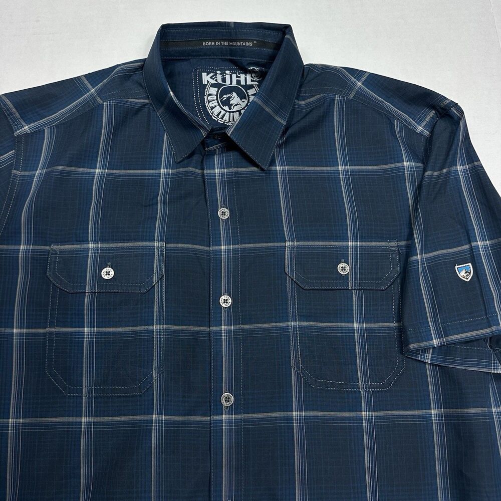Kuhl Shirt Mens Plaid Blue Eluxur Short Sleeve Button Hiking Outdoor Medium